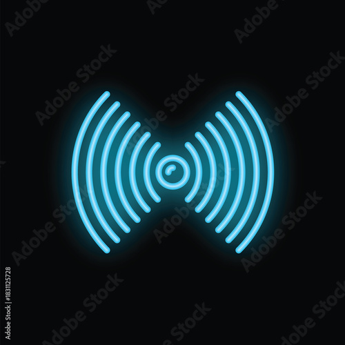 Blue neon icon of a wi fi signal emitting radio waves on a black background