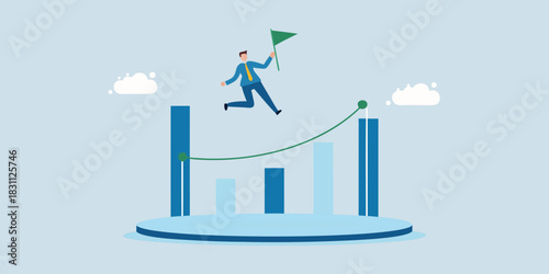 Businessman running up a chart holding a green flag towards success