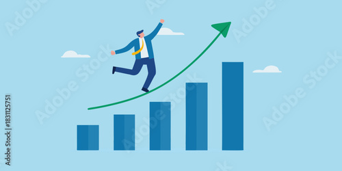 Businessman running up a rising graph representing business growth and success