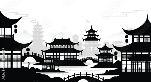 Traditional Asian Architecture Silhouette with Bridges and Pagodas.