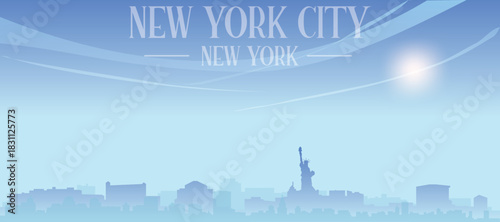Blue panoramic poster of the city skyline with misty background buildings and clouds of NEW YORK CITY, NEW YORK