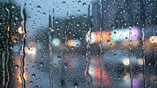 Rain Drops on Window with Blurred City Lights