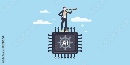 Businessman with spyglass standing on ai chip overlooking future