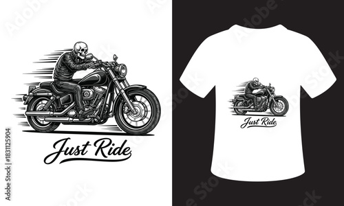 Skeleton rider on motorcycle with t shirt design