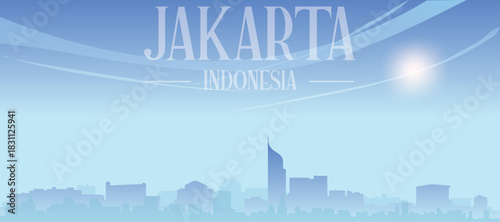 Blue panoramic poster of the city skyline with misty background buildings and clouds of JAKARTA, INDONESIA
