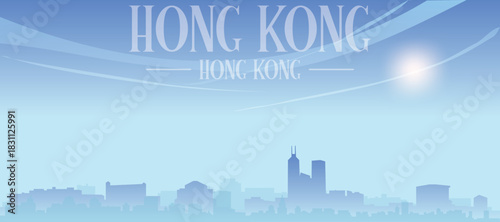 Blue panoramic poster of the city skyline with misty background buildings and clouds of HONG KONG, CHINA