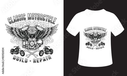 Vintage motorcycle engine and skull graphic for t shirt design