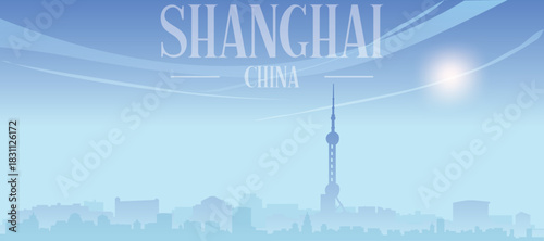 Blue panoramic poster of the city skyline with misty background buildings and clouds of SHANGHAI, CHINA