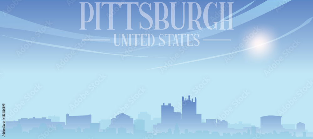 Obraz premium Blue panoramic poster of the city skyline with misty background buildings and clouds of PITTSBURGH, UNITED STATES