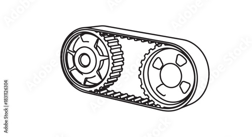 Illustration of a timing belt with two pulleys and exposed gears, industrial drive system for machinery.