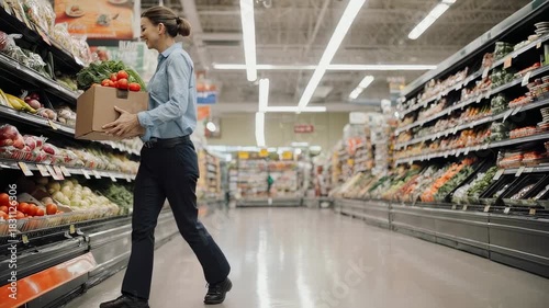 Woman Grocery Shopping in Supermarket Aisle with Fresh Produce.