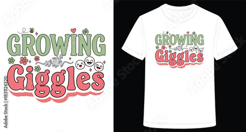 Trendy Graphic T Shirt Design Growing with Giggles for Children and Adults featuring a playful font and cheerful smiling face icons