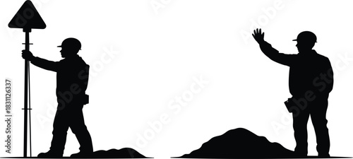 Construction Site Worker Silhouette Vector Set, Surveyor Setting Marker, Signaling Laborer Icon, Civil Engineering and Safety Job Pictograms