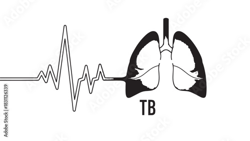 Illustration of lungs with tuberculosis and heartbeat representing medical science and health imagery.