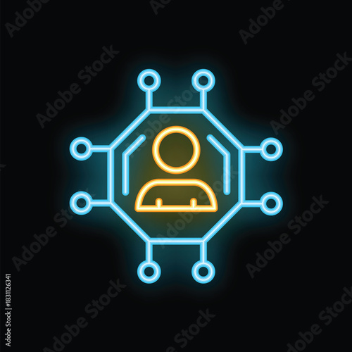 Neon icon of a person connected to a network, representing social media and online connections