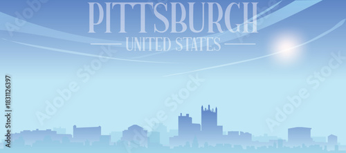 Blue panoramic poster of the city skyline with misty background buildings and clouds of PITTSBURGH, UNITED STATES