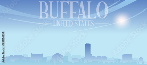 Blue panoramic poster of the city skyline with misty background buildings and clouds of BUFFALO, UNITED STATES