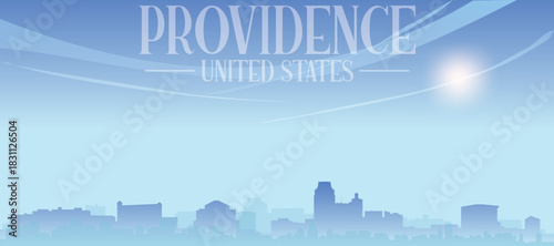Blue panoramic poster of the city skyline with misty background buildings and clouds of PROVIDENCE, UNITED STATES