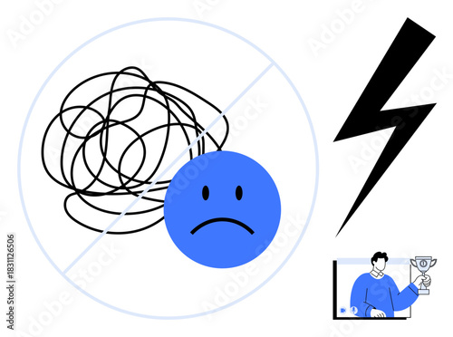 Blue sad face with tangled lines and lightning bolt symbolizing stress, frustration, and challenges, alongside a figure holding a trophy for success. Ideal for mental health, self-help, conflict