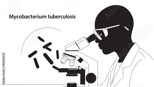 Scientist examining bacterial samples under a microscope with Mycobacterium tuberculosis illustration.