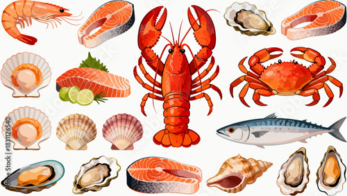This colorful illustration displays a diverse collection of seafood—including shrimp, salmon, tuna, crabs, scallops, octopuses, and mussels—arranged neatly against a light background.
