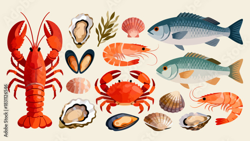 This colorful illustration displays a diverse collection of seafood—including shrimp, salmon, tuna, crabs, scallops, octopuses, and mussels—arranged neatly against a light background.