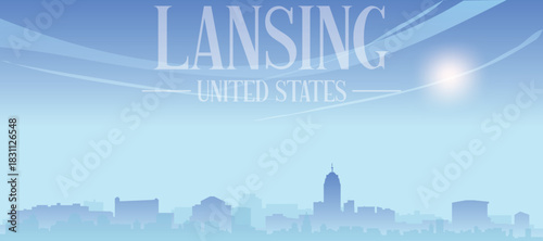 Blue panoramic poster of the city skyline with misty background buildings and clouds of LANSING, UNITED STATES