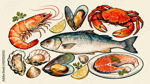 This colorful illustration displays a diverse collection of seafood—including shrimp, salmon, tuna, crabs, scallops, octopuses, and mussels—arranged neatly against a light background.