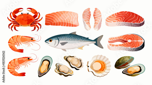 This colorful illustration displays a diverse collection of seafood—including shrimp, salmon, tuna, crabs, scallops, octopuses, and mussels—arranged neatly against a light background.