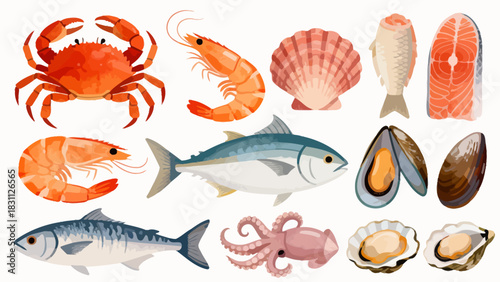 This colorful illustration displays a diverse collection of seafood—including shrimp, salmon, tuna, crabs, scallops, octopuses, and mussels—arranged neatly against a light background.