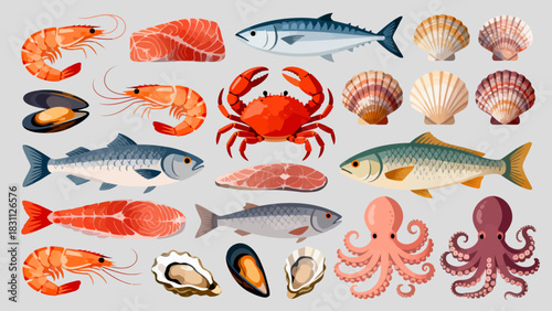 This colorful illustration displays a diverse collection of seafood—including shrimp, salmon, tuna, crabs, scallops, octopuses, and mussels—arranged neatly against a light background.