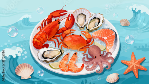This colorful illustration displays a diverse collection of seafood—including shrimp, salmon, tuna, crabs, scallops, octopuses, and mussels—arranged neatly against a light background.