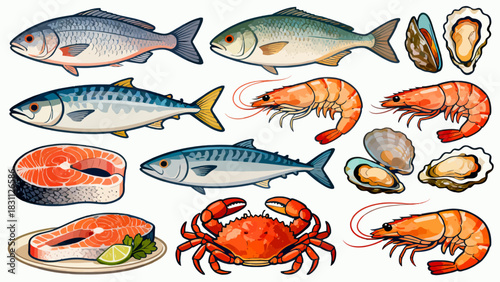 This colorful illustration displays a diverse collection of seafood—including shrimp, salmon, tuna, crabs, scallops, octopuses, and mussels—arranged neatly against a light background.