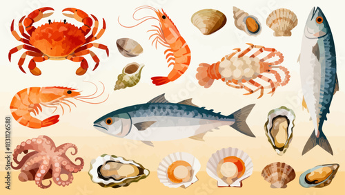 This colorful illustration displays a diverse collection of seafood—including shrimp, salmon, tuna, crabs, scallops, octopuses, and mussels—arranged neatly against a light background.