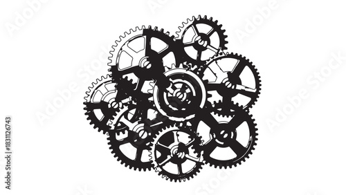 Interlocking clockwork gears forming a tangled mechanical cluster.