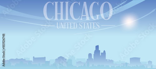 Blue panoramic poster of the city skyline with misty background buildings and clouds of CHICAGO, UNITED STATES