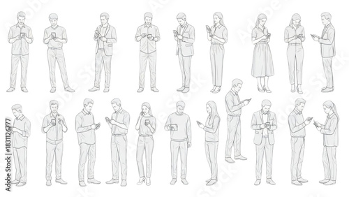 People Engaged with Smartphones A Collection of Illustrations in Diverse Poses