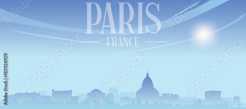 Blue panoramic poster of the city skyline with misty background buildings and clouds of PARIS, FRANCE