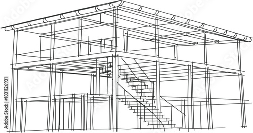 Building Construction Wireframe Vector Sketch, House Structure Blueprint Outline Drawing, Engineering Architecture Framework, Real Estate Development Graphic