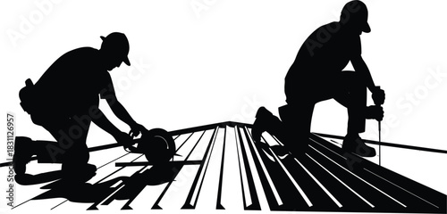 Construction Workers Installing Roof Vector Silhouette, Builders with Tools Working on Residential House, Roofing and Renovation Graphic Illustration