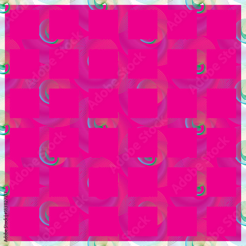 Pink squares over swirling colorful lines pattern abstract background