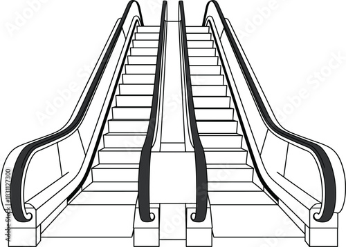 Double Escalator Vector Outline Illustration, Moving Staircase Architecture Line Art, Public Transport Icon, Simple Black and White Graphic Design Element