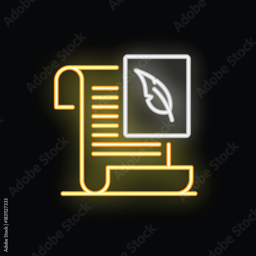 This neon sign of a feather pen writing on a paper scroll is a great visual representation of copywriting