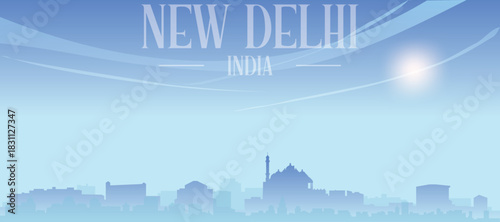 Blue panoramic poster of the city skyline with misty background buildings and clouds of NEW DELHI, INDIA