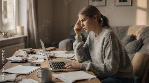 Woman Working From Home Stressed and Overwhelmed with Laptop.