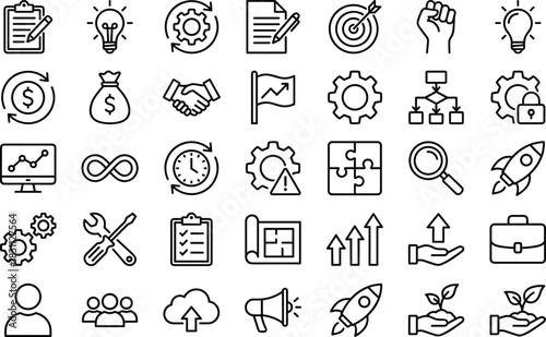 Business strategy and project management line icons set illustrating growth, innovation, workflow optimization, planning, analytics, productivity, finance, teamwork and corporate development concepts