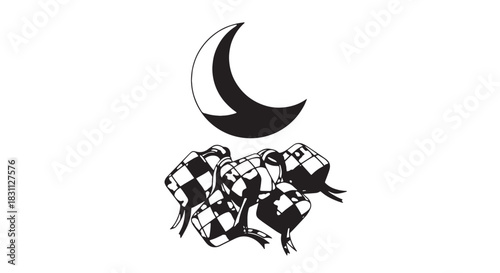 Decorative black and white emblem featuring mounted knights beneath a crescent moon, in a heraldic, medieval scene.