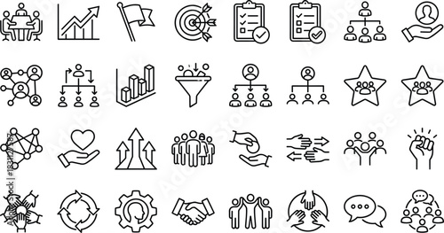 Business teamwork and leadership line icons set illustrating communication, growth analytics, organizational structure, collaboration.