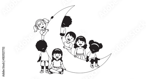 Whimsical children sitting together on a crescent moon illustration.