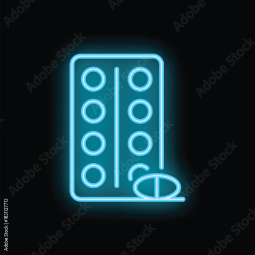 Bright blue neon sign showing a blister pack with pills falling out, evoking the pharmaceutical industry